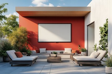 Outdoor patio with a blank projection screen and modern furniture. Ideal for illustrating outdoor living spaces or home entertainment ads.