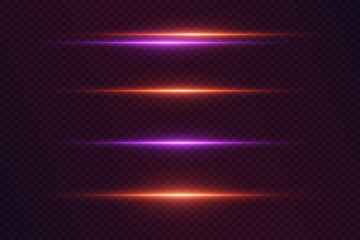 Set of neon glowing laser light lines.