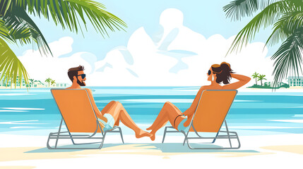 Summer resort hotel stay relaxation with tourist traveller couple take it easy happily resting on beach chair