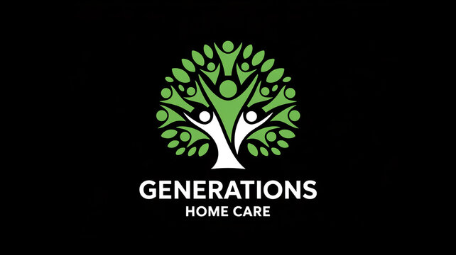 A logo design for a home care service featuring a stylized tree made of green stick figure human silhouettes