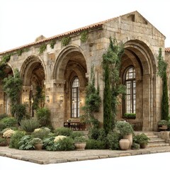 Fototapeta premium Arched Stone Building with Lush Garden and Terrace