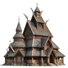 Historic Scandinavian Stave Church Architecture Isolated on White.