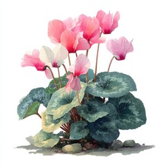 Watercolor Painting of Pink and White Cyclamen Flowers on White