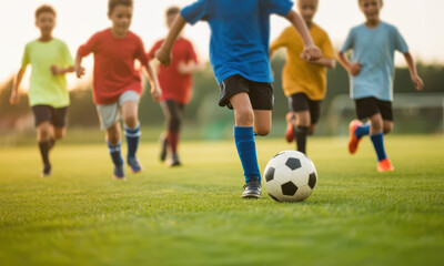 Children running and kicking a soccer ball on a sunny field