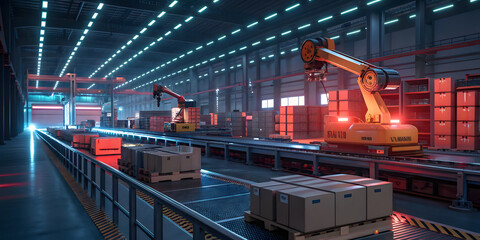 Robotic automation in warehouse operations industrial facility digital environment futuristic design aerial view technology innovation