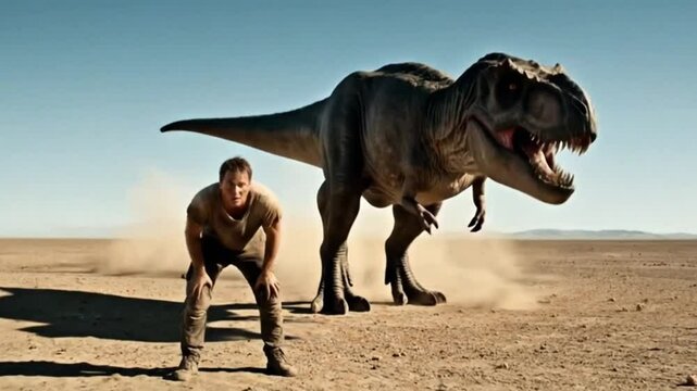 Daring man facing a roaring Tyrannosaurus rex in a dramatic desert landscape