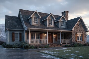 Traditional House with Porch and Dormers in Winter Landscape.