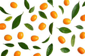 Vibrant Kumquats and Green Leaves A Refreshing Citrus Pattern on White, Perfect for Natural Food Backgrounds