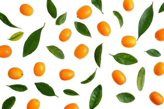 Vibrant Kumquats and Green Leaves A Refreshing Citrus Pattern on White, Perfect for Natural Food Backgrounds - Powered by Adobe