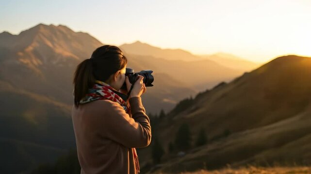 Female traveler capturing mountain sunrise on camera during outdoor expedition. Peaceful moment of photography in nature with scenic alpine backdrop