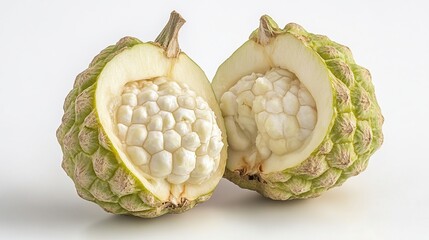 Cut custard apple showing pulpy segments, light & bumpy skin on white