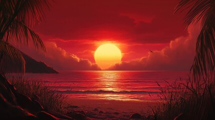 Red sunset on ocean beach with palms, rocks and golden light. Perfect for travel blogs, tropical themes, or calming relaxation.