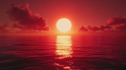 Crimson sunset over the ocean, with vibrant color gradients and scattered clouds. Use it for travel, romance, or dramatic visual storytelling purposes.