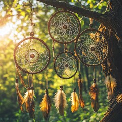 Obraz premium dream catchers hanging on tree outdoor, natural sunny background. ethnic Shaman native amulet, symbol protection of dreams. beautiful magic talisman, witchcraft ritual for soul relax