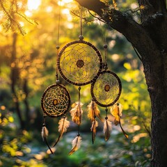 Fototapeta premium Vibrant dreamcatcher adorned with feathers and beads suspended against a breathtaking sunset sky, symbolizing spiritual protection and harmony with nature's raw beauty.