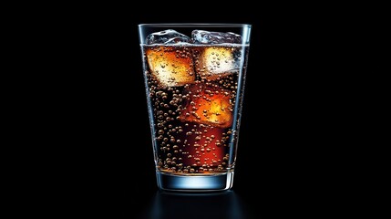 Fizzy drink with ice cubes in a glass, isolated on black background. Perfect for illustrating thirst, refreshment, or beverage advertisements.