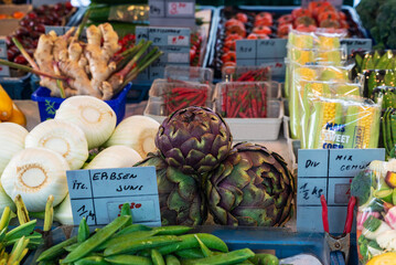 Fruit and vegetable shop in Grunmarkt market, Salzburg, Austria