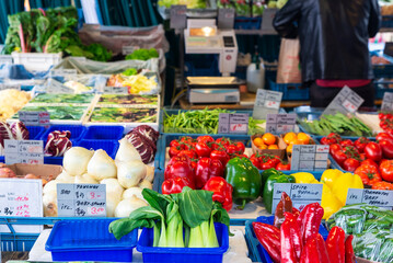 Fruit and vegetable shop in Grunmarkt market, Salzburg, Austria