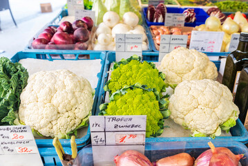 Fruit and vegetable shop in Grunmarkt market, Salzburg, Austria