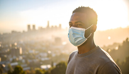 Person in Face Mask Standing Against City Skyline at Sunrise