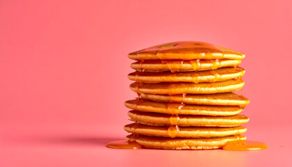 Golden Pancake Stack on Vibrant Pink Background