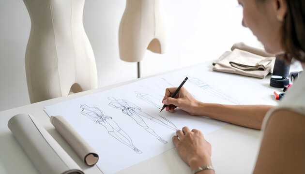 Female Fashion Designer Working on Project with Mannequins in Creative Studio - Powered by Adobe