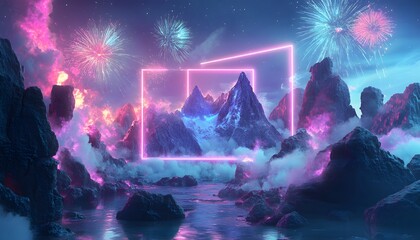 Neon-framed mountainscapes amidst vibrant fireworks.