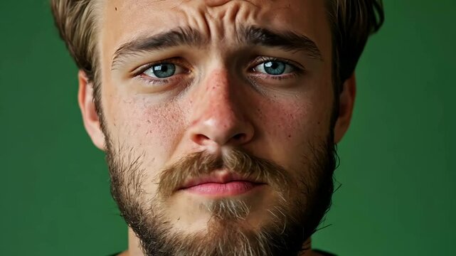Portrait of a frustrated and surprised man on a green background
