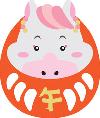 白馬の女の子キャラだるま・華やかな午年の年賀イラスト