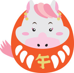 白馬の女の子キャラだるま・華やかな午年の年賀イラスト