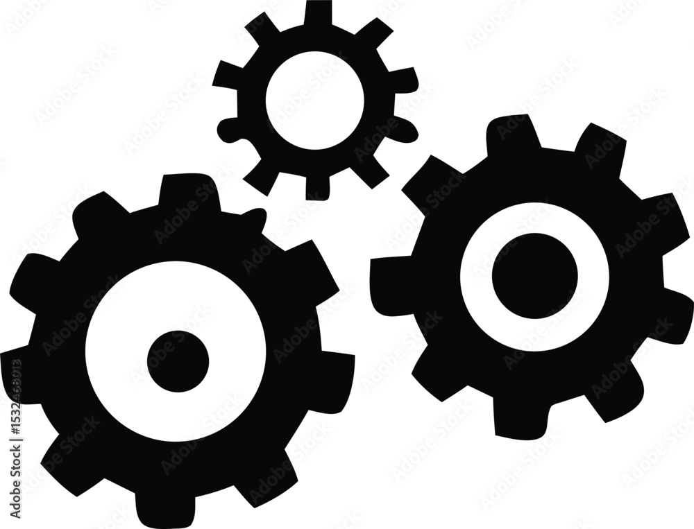Poster three interlocking black cogs on white background simple machine illustration
