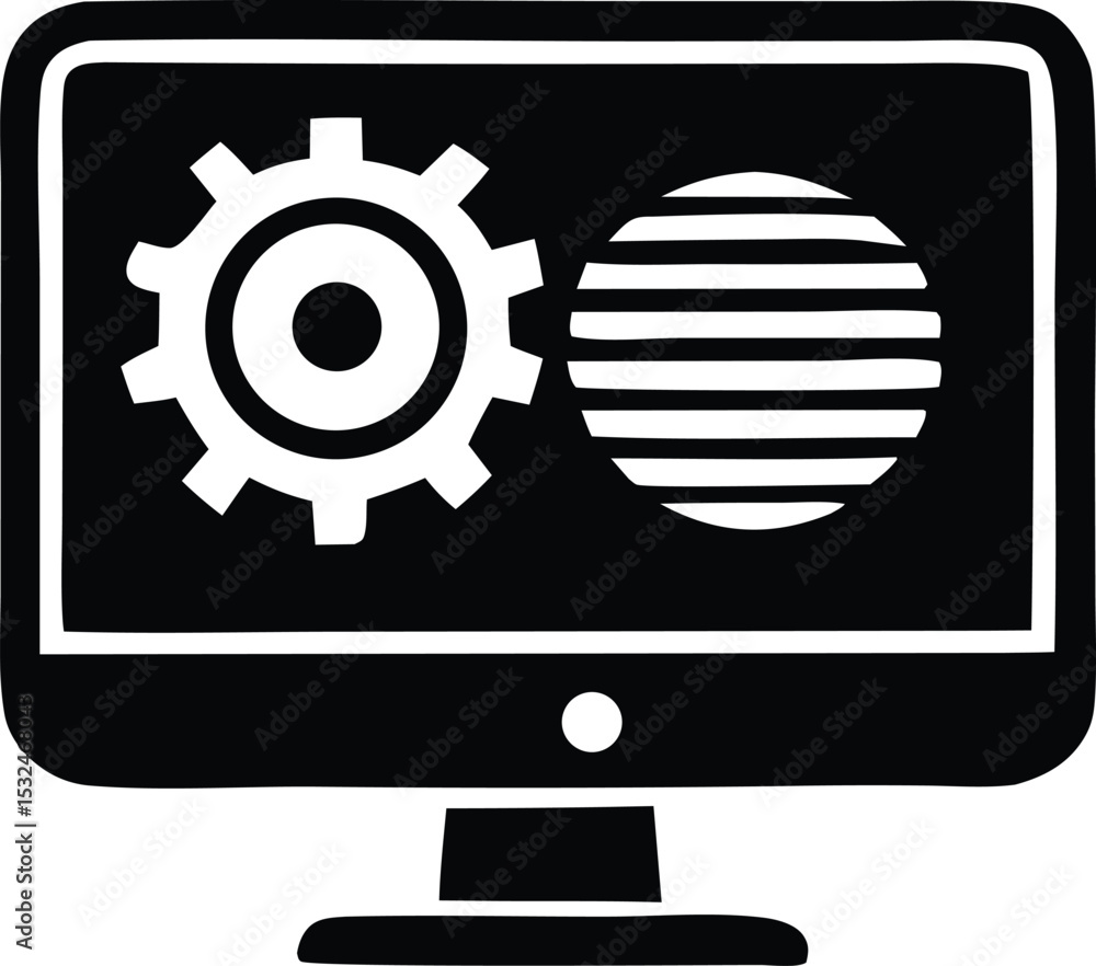 Poster computer screen displaying gear and striped circle system configuration or global settings icon