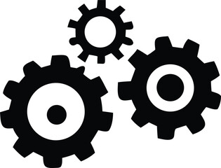 Three interlocking black cogs on white background simple machine illustration