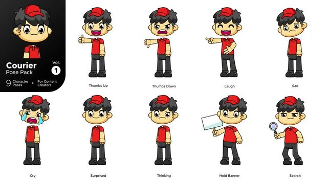Courier Character Emotions Pose Pack Preview, 9 Cartoon Animations with 4K Greenscreen Set