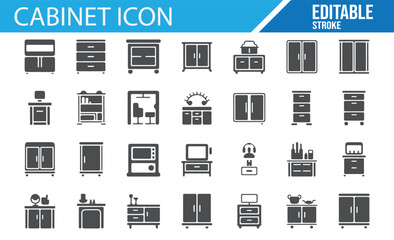 Home and office furniture icon set featuring cabinets, drawers, and shelves

