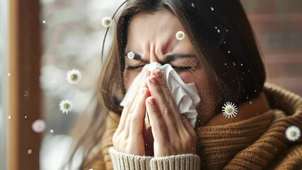 A young woman sneezes or coughs, covering her nose and mouth with a handkerchief, viruses fly through the air. - Powered by Adobe