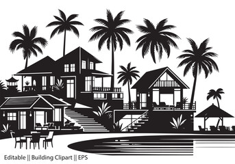 Black Silhouette of Beach Houses – Palm Trees & Modern Villas in Minimal Clipart Design