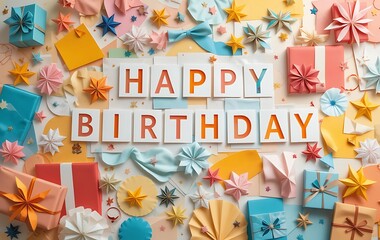 Paper collage-style birthday wall with layered shapes, gift box cutouts, and folded origami stars as festive scatter.

