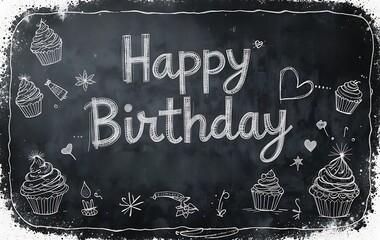 Pastel chalkboard-style birthday background with chalk-written messages, cupcake sketches, and dusty texture edges.