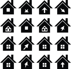 Collection of sixteen black house icons with various interior symbols