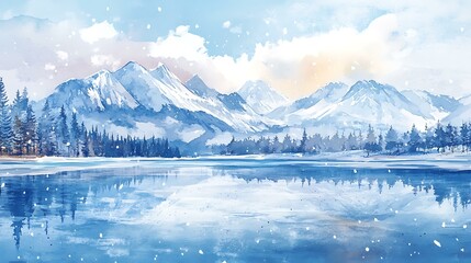 Watercolor landscape of snowy mountains and frozen lake