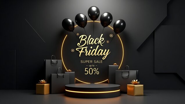 Black friday super sale 50 off with black balloons and gifts