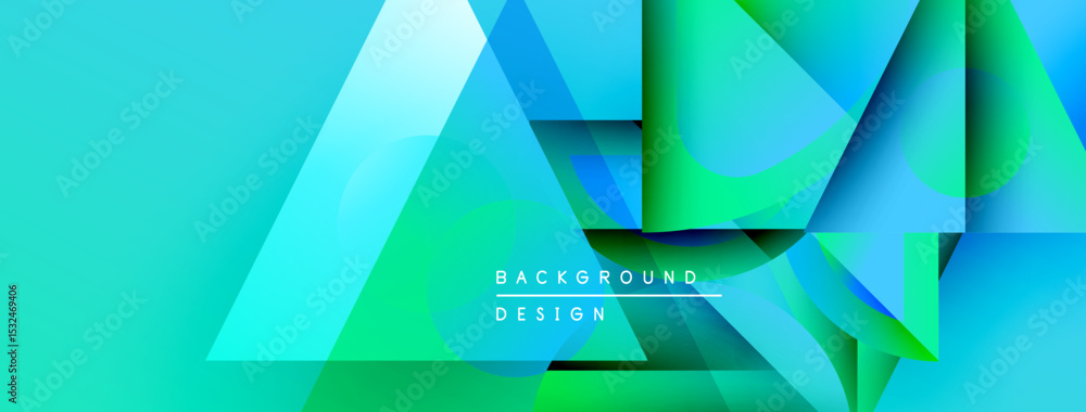 Poster abstract geometric shapes overlap, creating vibrant turquoise, green gradients. modern design sugges