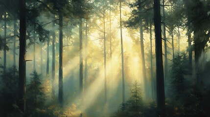 Oil painting of a misty forest with soft morning sunlight streaming through tall trees