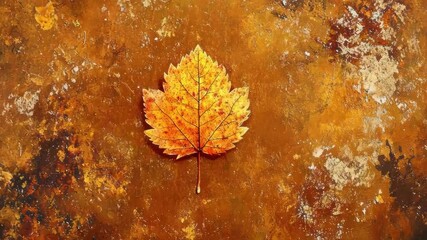 Autumn leaf on rustic textured background in brown and orange tones, fall season. Colorful leaf, organic, nature, abstract. - Powered by Adobe