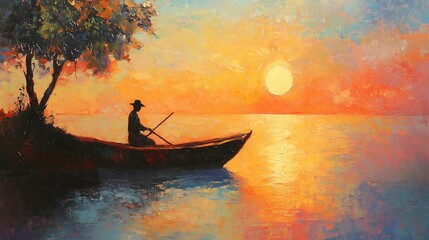 Oil painting of a fisherman in a wooden boat at dawn
