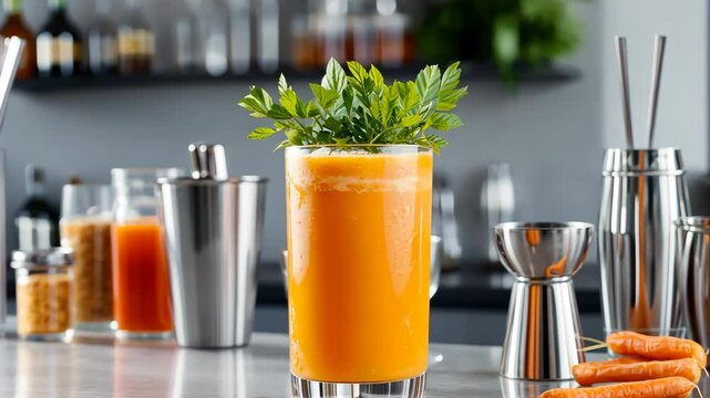 Fresh carrot juice preparation in modern kitchen with stainless steel accessories