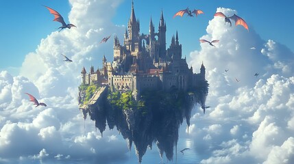 Fantasy cartoon castle floating in the sky with flying dragons and birds