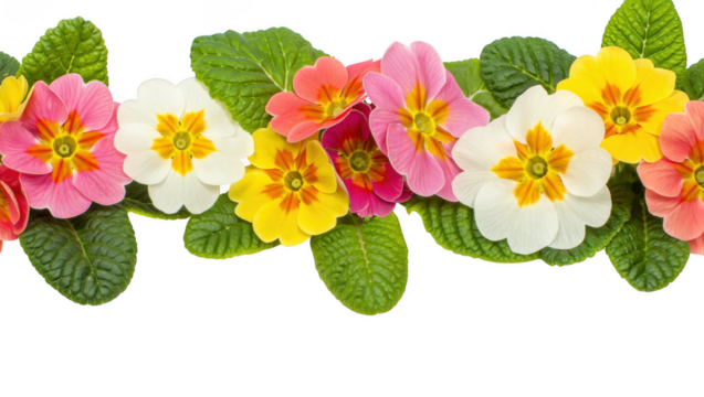 Floral Border A Vibrant Display of Primroses in Pink, Orange, Yellow, and White with Lush Green Leaves Against a Clean White Backdrop.