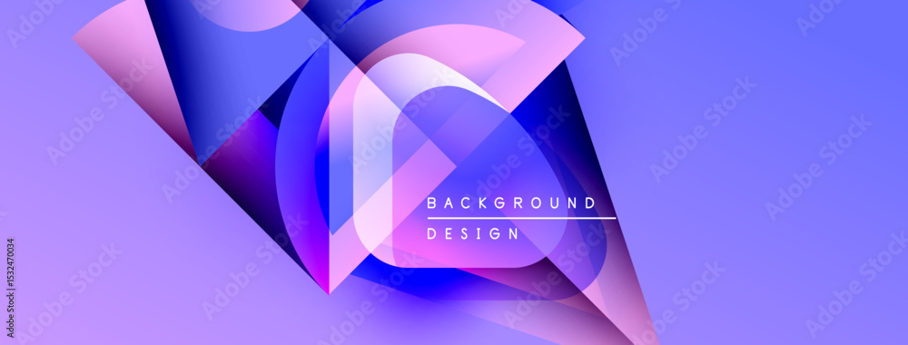Poster Abstract geometric shapes, vibrant purple hues, modern design. Gradient colors create dynamic visual effect. Background features text elements.